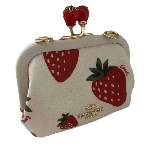 Rare! 🍓Coach Nora Kisslock Card Case Crossbody Chalk & Wild Strawberry + COA🍓 - Picture 4 of 13